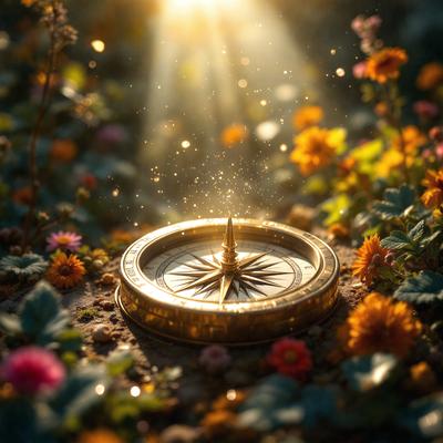 The primary subject of the image is a compass, which is placed on a rock surrounded by flowers. The setting is a garden, with the compass being the main object of focus. The visual style is a photo, capturing the compass in its natural environment. The colors and mood of the image are vibrant and lively, with the flowers adding a touch of beauty and life to the scene.